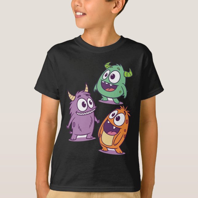 Playful Cartoon Monsters – Cute Big-Eyed Character T-Shirt (Front)