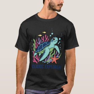 Playful Cartoon Sea Turtle Exploring Colourful Cor T-Shirt