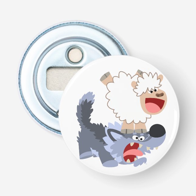 Playful Cartoon Sheep & Wolf Button Bottle Opener (Front)