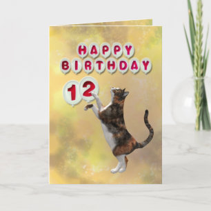 Playful cat and 12th Happy Birthday balloons Card