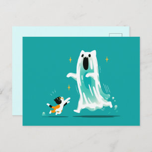 Playful Cat and Friendly Ghost – Cute Halloween Holiday Postcard