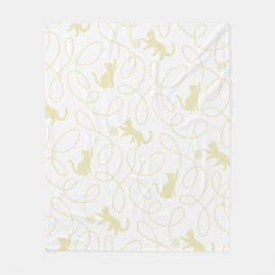 Playful Cat and Yarn Ball Pattern Light Beige Fleece Blanket