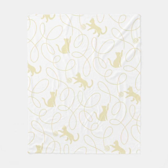 Playful Cat and Yarn Ball Pattern Light Beige Fleece Blanket (Front)