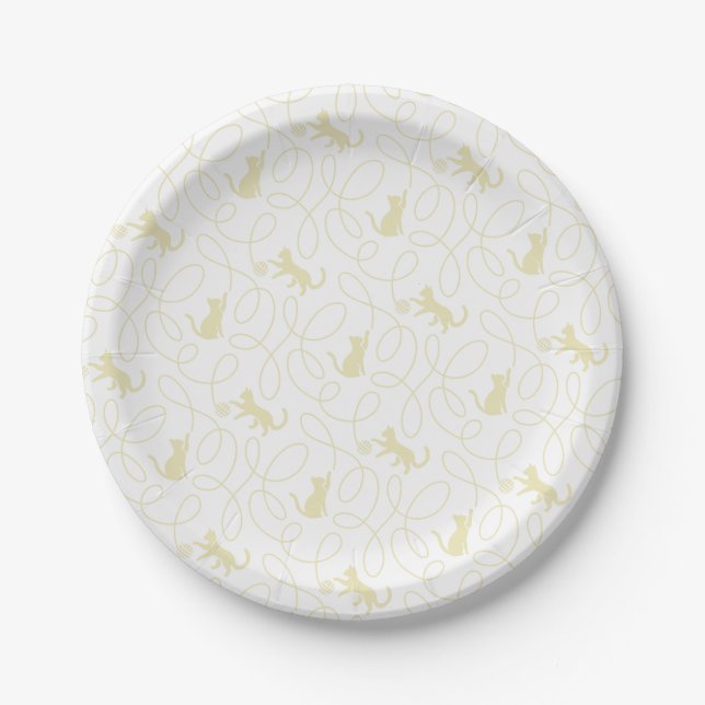 Playful Cat and Yarn Ball Pattern Light Beige Paper Plate (Front)