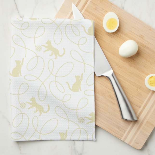 Playful Cat and Yarn Ball Pattern Light Beige Tea Towel (Quarter Fold)