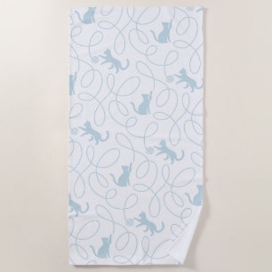 Playful Cat and Yarn Ball Pattern Light Blue Beach Towel