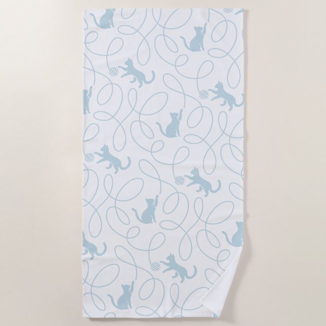 Playful Cat and Yarn Ball Pattern Light Blue Beach Towel (Front)