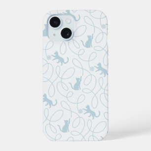 Playful Cat and Yarn Ball Pattern Light Blue iPhone 15 Case
