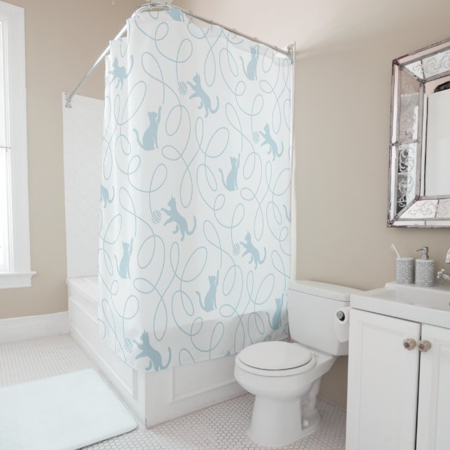 Playful Cat and Yarn Ball Pattern Light Blue Shower Curtain (In Situ)