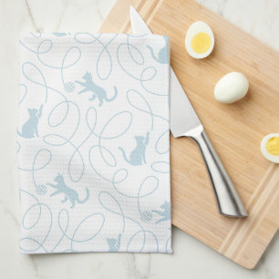 Playful Cat and Yarn Ball Pattern Light Blue Tea Towel