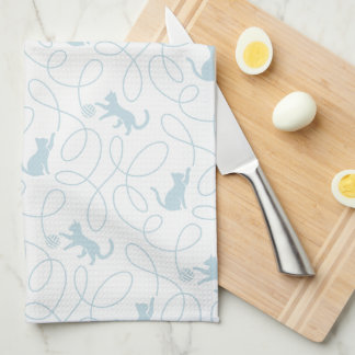 Playful Cat and Yarn Ball Pattern Light Blue Tea Towel