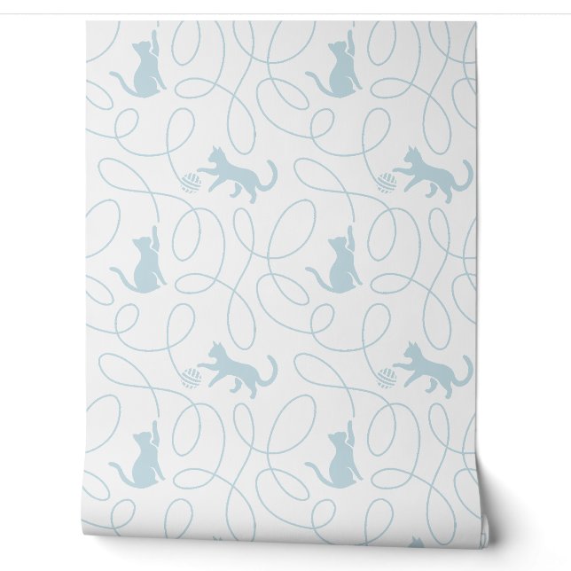 Playful Cat and Yarn Ball Pattern Light Blue Wallpaper (Unrolling)