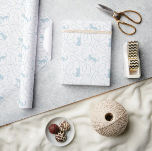 Playful Cat and Yarn Ball Pattern Light Blue Wrapping Paper