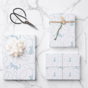 Playful Cat and Yarn Ball Pattern Light Blue Wrapping Paper Sheet