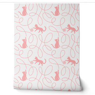 Playful Cat and Yarn Ball Pattern Light Coral Pink Wallpaper