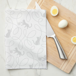 Playful Cat and Yarn Ball Pattern Light Grey Tea Towel