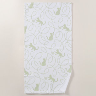 Playful Cat and Yarn Ball Pattern Light Sage Green Beach Towel
