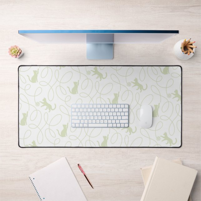 Playful Cat and Yarn Ball Pattern Light Sage Green Desk Mat (Office 1)