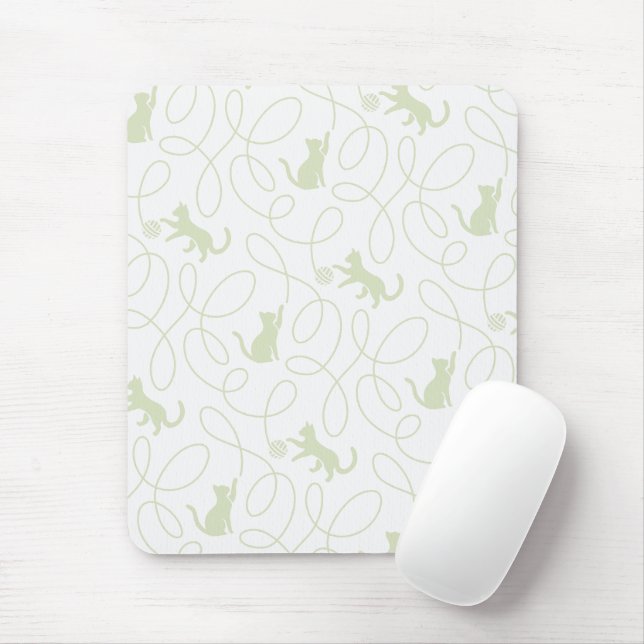 Playful Cat and Yarn Ball Pattern Light Sage Green Mouse Pad (With Mouse)