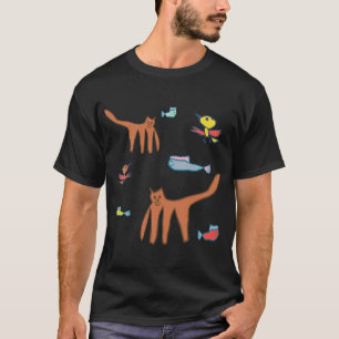 Playful Cat & Fish Pattern T-Shirt