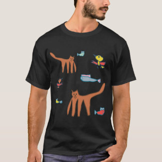 Playful Cat & Fish Pattern T-Shirt