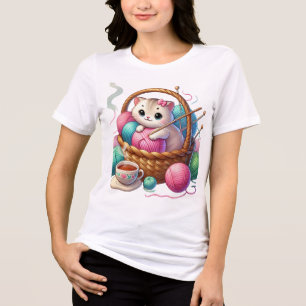 Playful Cat in a Yarn Basket with Tea - Cosy Craft Tri-Blend Shirt