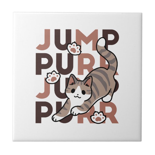 Playful Cat Jump Design - Jump Purr Pun Artwork Ceramic Tile (Front)