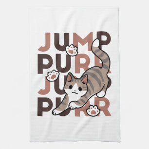 Playful Cat Jump Design - Jump Purr Pun Artwork Tea Towel