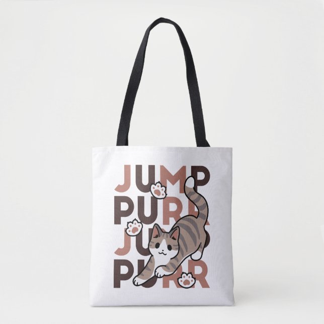 Playful Cat Jump Design - Jump Purr Pun Artwork Tote Bag (Front)