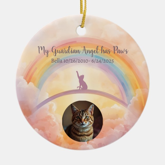 Playful Cat Memorial Rainbow Bridge Ceramic Ornament (Front)