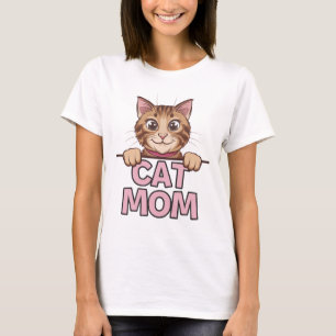 Playful Cat Peeking Design - "CAT MOM" Cute and Fu T-Shirt