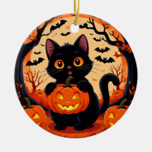🌕🎃 Playful Cat & Pumpkin Moonlight Halloween ✨🐾 Ceramic Ornament
