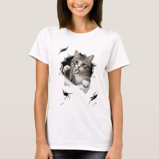 Playful Cat with Butterfly and Multiple Fabric Tea T-Shirt