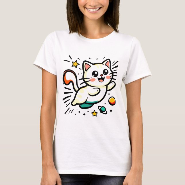 Playful Cat with Stars and Balls T-Shirt (Front)