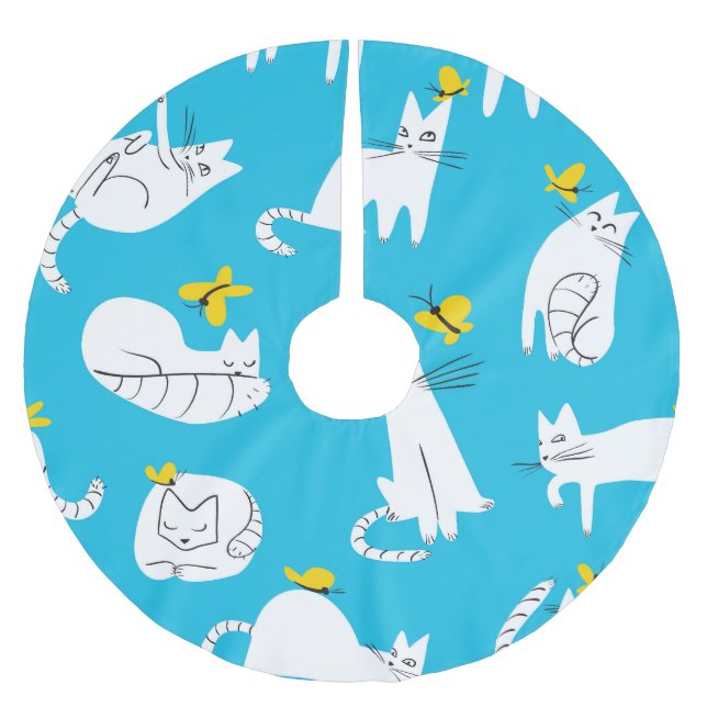 Playful Cats and Butterflies Pattern Brushed Polyester Tree Skirt (Front)