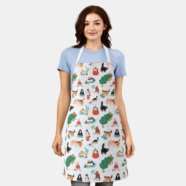 Playful Cats and Christmas Trees Pattern Apron (Worn)