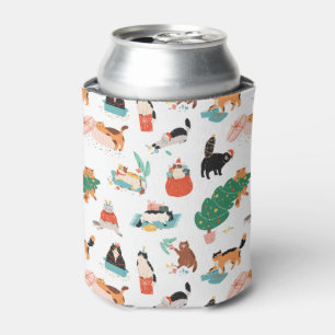 Playful Cats and Christmas Trees Pattern Can Cooler