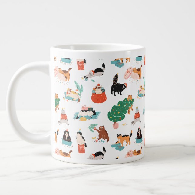 Playful Cats and Christmas Trees Pattern Large Coffee Mug (Left)