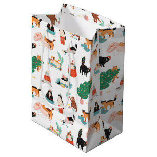 Playful Cats and Christmas Trees Pattern Medium Gift Bag