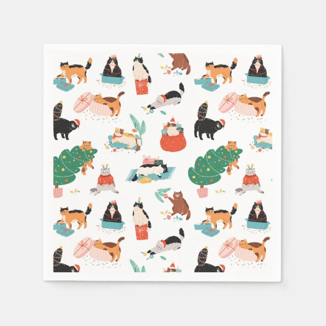 Playful Cats and Christmas Trees Pattern Napkin (Front)