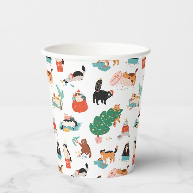Playful Cats and Christmas Trees Pattern Paper Cups (Front)