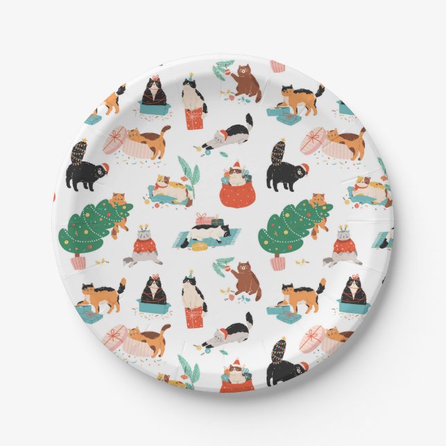 Playful Cats and Christmas Trees Pattern Paper Plate (Front)