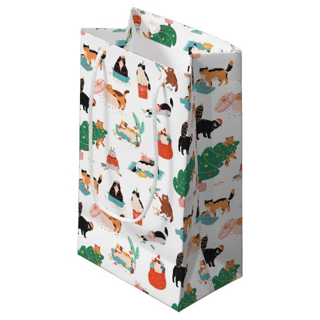 Playful Cats and Christmas Trees Pattern Small Gift Bag (Front Angled)