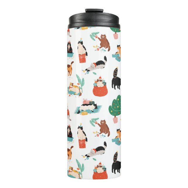 Playful Cats and Christmas Trees Pattern Thermal Tumbler (Front)