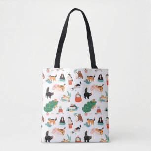 Playful Cats and Christmas Trees Pattern Tote Bag