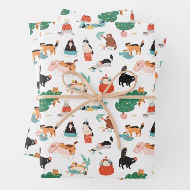 Playful Cats and Christmas Trees Pattern Wrapping Paper Sheet (In situ)