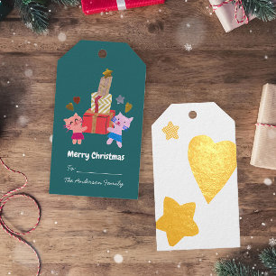 Playful cats and gifts star heart green Christmas Gift Tags