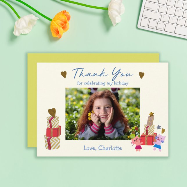 Playful Cats and Gifts Yellow Kids Birthday Photo Thank You Card (Creator Uploaded)