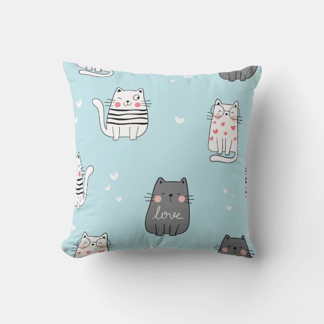 Playful Cats on Blue Pattern Cushion (Front)