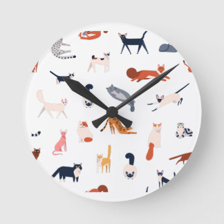 Playful Cats Pattern – Cute Feline Lover  Round Clock